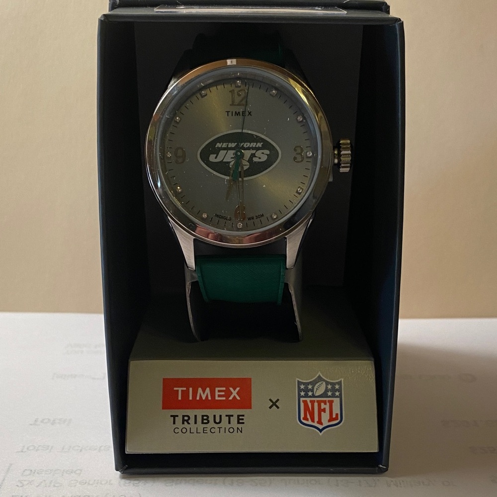 Timex Silver Case Watch with Green Strap and NY Jets Dial